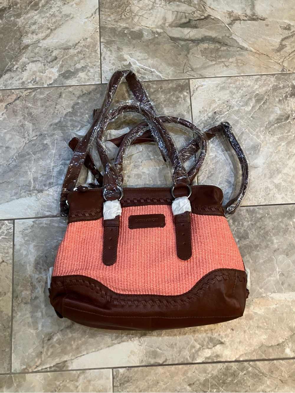 Isabella Fiore coral straw and brown leather woven shoulder bag NWT
